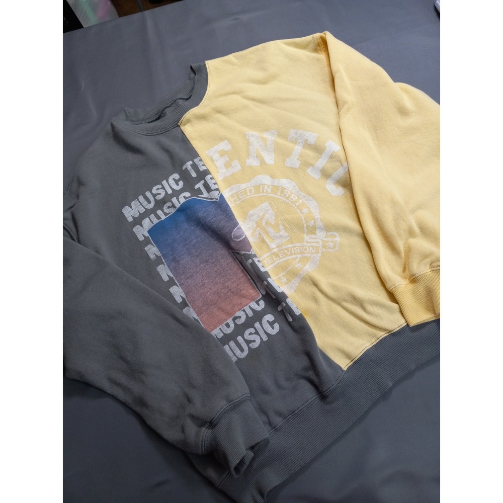 MTV Music Television Retro Split Panel Sweatshirt Grey Yellow Size Large